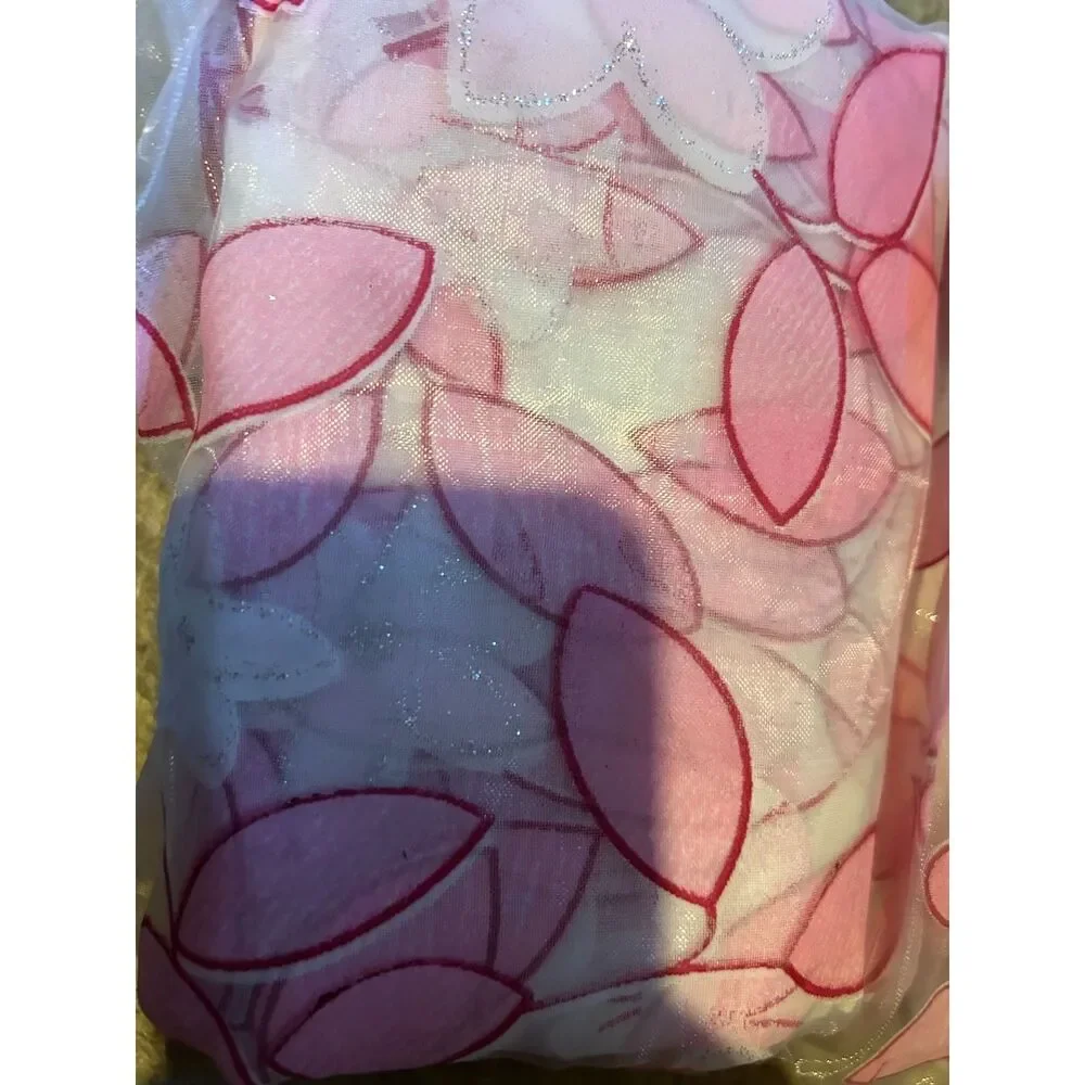 Pink & White Floral Sheer Curtain Panels w/ Silver Shimmer – Set of 4  35” x 76”